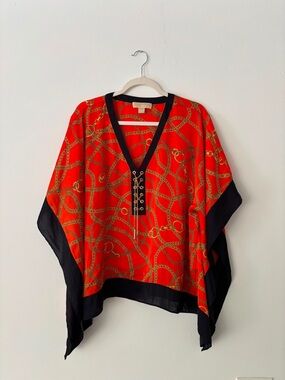 Michael Kors Womens L/XL Orange Gold Chain Print Poncho Blouse Lace Up V Neck